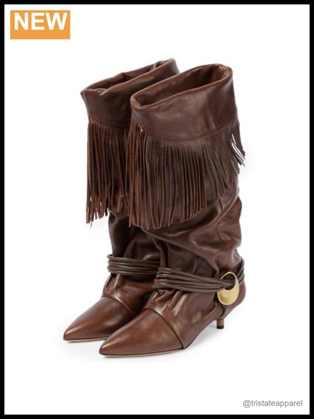 Mid Calf Fringe Tassel Fold Over Cowgirl Boots Pointed Toe Kitten Low Heel